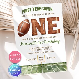 May include: A football-themed birthday invitation with the text "First Year Down" and "One." The design includes a football graphic and a watercolor football field. The invitation is for Maxwell's 1st birthday.