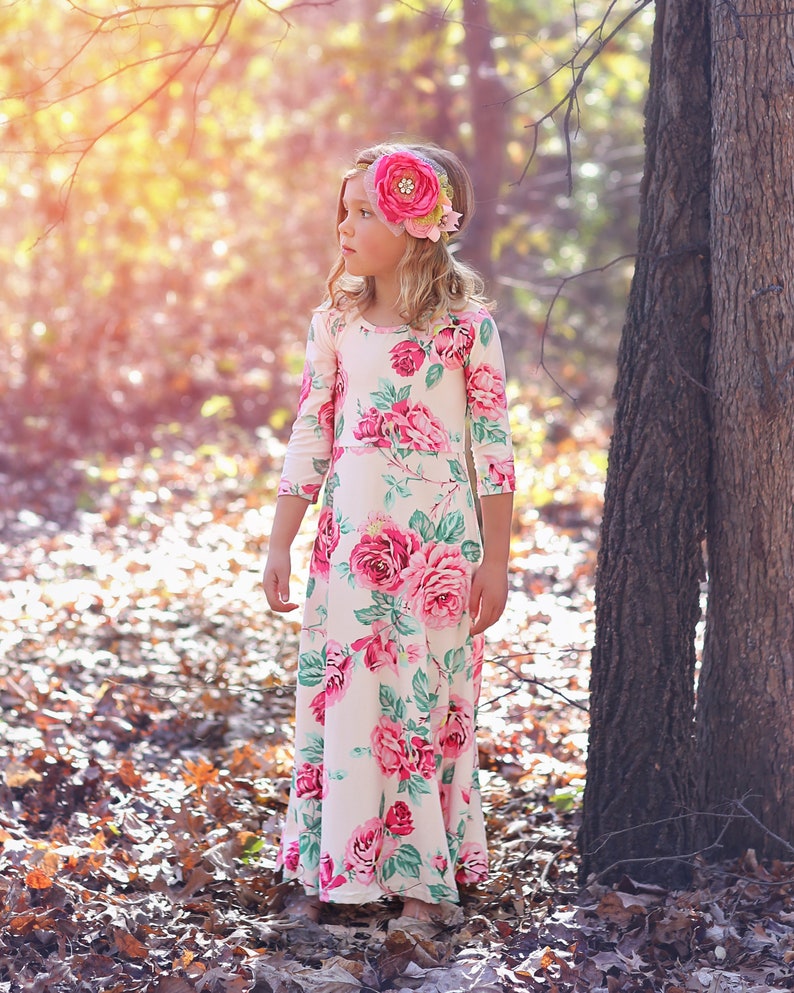 Girls Pink Flower Maxi Dress Maxi Dress, Gift for her, school dress, church dress, birthday gift, girl dress, casual dress, long, floral image 1