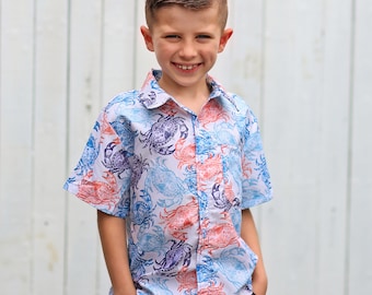 Boys Blue and Orange Crab Button up Shirt - Boys Button Shirt - Boys Dress Shirt