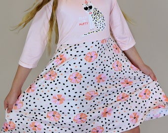 A-Line Dress - Girls Dress - Twirly Dress - Birthday Dress - Party Dress - Pink and Yellow Kitten Floral Dress