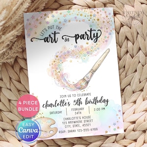 Invitación de cumpleaños para fiesta de arte, invitación editable para fiesta de pintura en Canva, fiesta de manualidades, invitación de cumpleaños imprimible con pintura de arcoíris pastel.