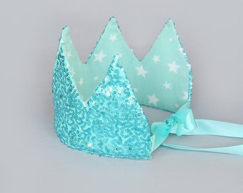 Dress Up Crown - Sequin Crown - Birthday Crown - Aqua Sequin Crown REVERSE to Aqua White Stars - Fits all