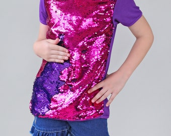 Chemise à paillettes réversibles fuchsia et violet, chemise à paillettes pour tout-petit, chemise à paillettes fuchsia, haut, chemise à paillettes mauve, chemise à sequins magiques