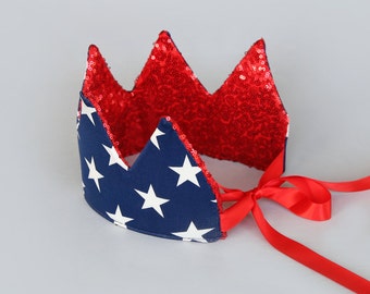 Dress Up Crown - Sequin Crown - Birthday Crown - Navy and White Stars Crown REVERSE Red Sequin Crown - Red, White and Blue Crown - Fits all