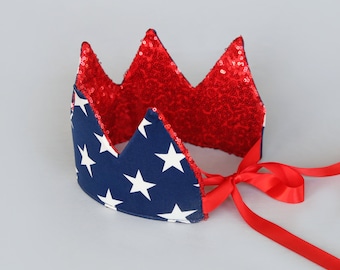 Dress Up Crown - Sequin Crown - Birthday Crown - Navy and White Stars Crown REVERSE Red Sequin Crown - Red, White and Blue Crown - Fits all