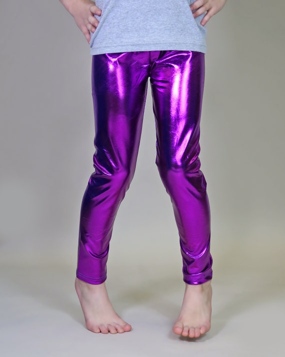 Purple 80s Shiny Neon Costume Leggings Stretch Metallic Pants