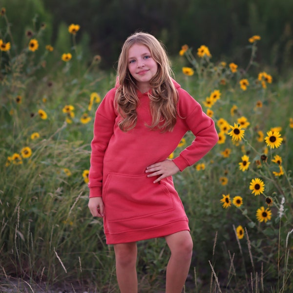 Girls Red Hoodie Dress - red dress, red hoodie, red hoodie dress, red fall dress, basic hoodie dress, red sweatshirt dress, red jersey dress