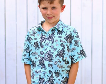 Boys Aqua Bug Shirt Button up Shirt - Boys Button Shirt - Boys Dress Shirt