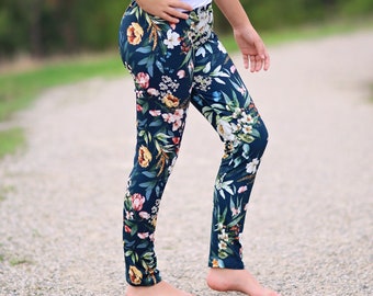 Girls Emerald Green Floral Leggings - green pants, flower leggings, flower pants, neutral leggings, roses pants, pants, botanical leggings