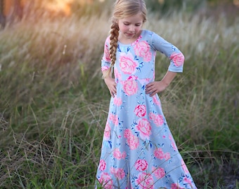 Girls Gray Flower Maxi Dress- Maxi Dress, Gift for her, school dress, church dress, birthday gift, girl dress, casual dress, long, floral