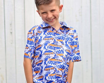 Boys Blue, Yellow and White Patterned Button up Shirt - Boys Button Shirt - Boys Dress Shirt