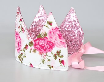 Dress Up Crown - Sequin Crown - Birthday Crown - Pink Sequins Crown REVERSE to Ivory and Roses - Fits all