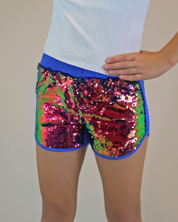 Navy, Green and Hot Pink Reversible Sequined Shorts Red and Navy