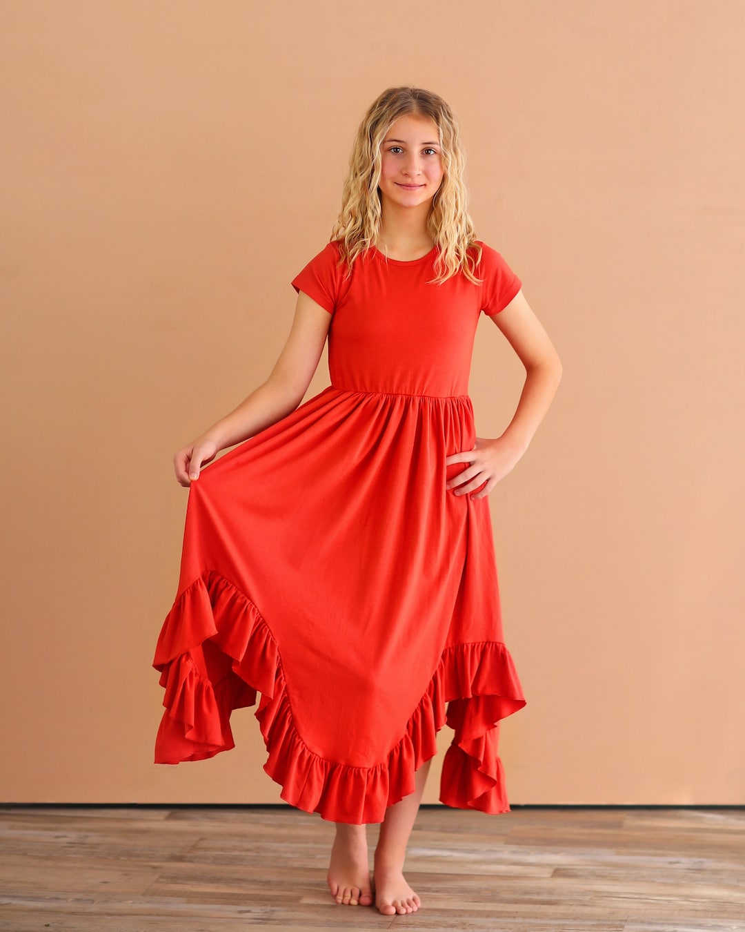 Red Boho Dress Long Ruffle Dress High-low Hem Ruffle Dress