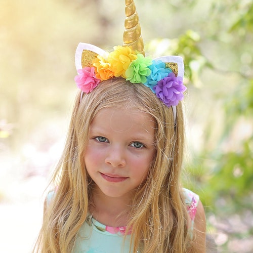 Unicorn Rainbow Flower Headband - Rainbow Unicorn Headband -  Unicorn Horn Floral Headband