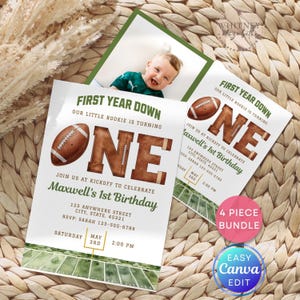 May include: Football-themed first birthday invitations. The design features a brown football, the word "ONE" in a football jersey style, and a green field graphic. Includes a photo of a baby.