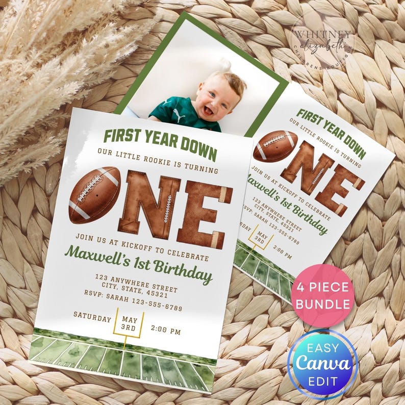 May include: Football-themed first birthday invitations. The design features a brown football, the word "ONE" in a football jersey style, and a green field graphic. Includes a photo of a baby.