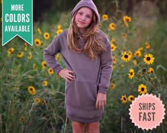 Girls Gray Hooded Dress, Cozy Hoodie Sweatshirt Dress with Pockets, Cute Kids Clothes, Toddler Winter Dress Cotton Midi Style for Everyday