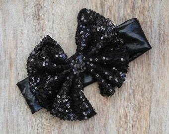 Black Sequin Bow Headband Black Sequin Mouse Ears | Custom Color Bow Headband - Etsy main image 4