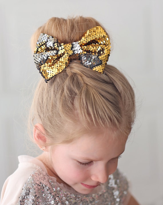 Gold Sequin Bow Hair Clip FRCOLOR Gold Sequin Bow Hair Clip Large Sparkly Hair  main image 4