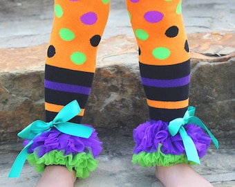 Halloween Polka Dot and Striped Ruffled Leg Warmers- dots, halloween leg warmers, halloween costume, halloween sock, girls halloween socks