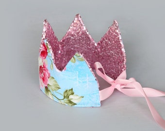 Dress Up Crown - Sequin Crown - Birthday Crown - Pink Sequins Crown REVERSE to Blue and Roses - Fits all