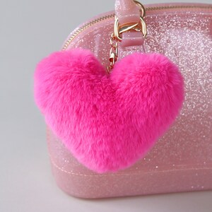 Fuzzy Hot Pink Heart Keychain - Hot Pink Keychain, Pink Sequin Keychain - Christmas Stocking Gift - Back to School Gift, Kid Gift, Heart