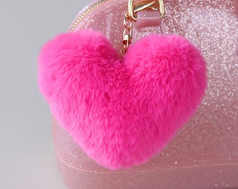 Fuzzy Hot Pink Heart Keychain - Hot Pink Keychain, Pink Sequin Keychain - Christmas Stocking Gift - Back to School Gift, Kid Gift, Heart