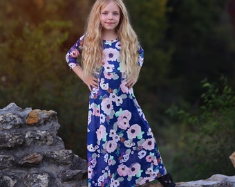 Girls Blue Flower Maxi Dress- Maxi Dress, Gift for her, school dress, church dress, birthday gift, girl dress, casual dress, long, floral