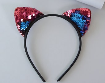 Cat Ear Sequin Headband - Sequin Cat Headband - Turquoise and Pink Cat Headband - Turquoise and Pink Reversible Sequins - Sequin Headband