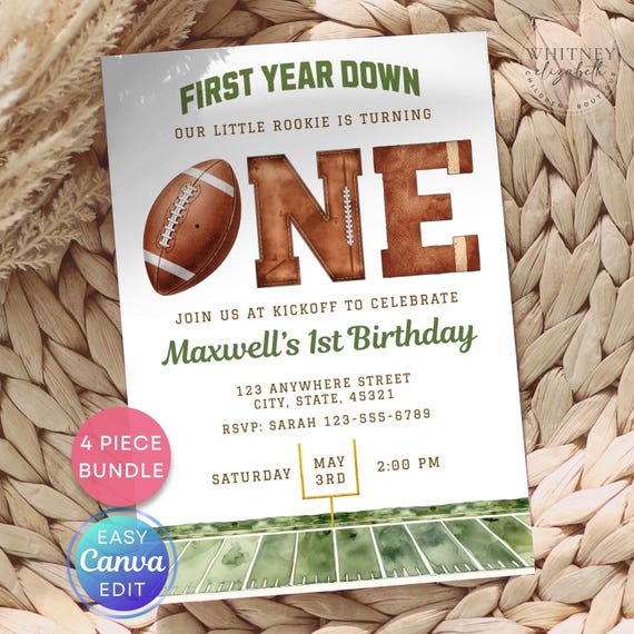 Football Birthday Invitation, First Year Down Football Invitation, Boy Football Invite, Boy 1st Birthday, Football Party, Sports Birthday