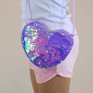 Sac à main coeur lavande à sequins - Sac coeur à sequins à rabat violet - Sac à main coeur pour fille - Sac coeur lavande