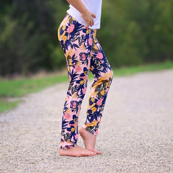 Girls Pink and Navy Butterfly Leggings Pink Pants, Flower Leggings