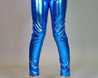 Blue Shiny Metallic Leggings - blue leg gings, birthday outfits pants, blue metallic pants, blue dance pants, turquoise pants, legging