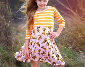 A-Line Dress - Girls Dress - Twirly Dress - Birthday Dress - Party Dress - Pink and Orange Tiger Dress