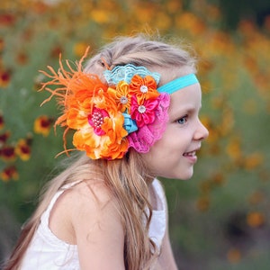 Orange and Hot Pink Flower Headband- Flower Headband, Flower Crown, Pink Flower Headpiece, Flower Girl, Boho Flower Crown, Pink Headband