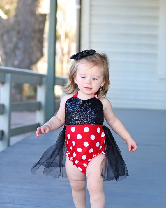 Red Polka Dot, Black Sequin Romper - Tulle Skirted, Skirted, Sequin Top Romper - Sequin Romper - Birthday Romper - Photoshoot - Romper