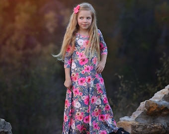 Girls Gray Flower Maxi Dress- Maxi Dress, Gift for her, school dress, church dress, birthday gift, girl dress, casual dress, long, floral