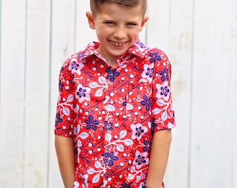 Boys Red and Blue Floral Button up Shirt - Boys Button Shirt - Boys Dress Shirt