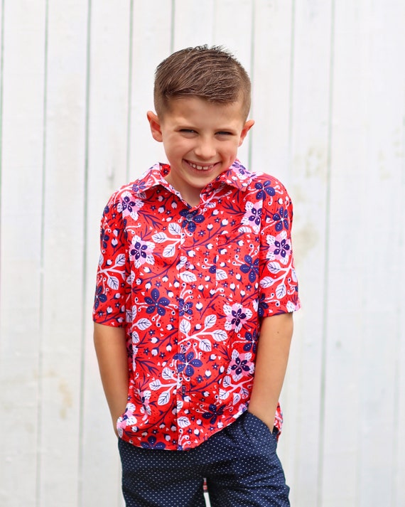 Boys Red Blue Floral Button up Shirt Boys Button - Etsy