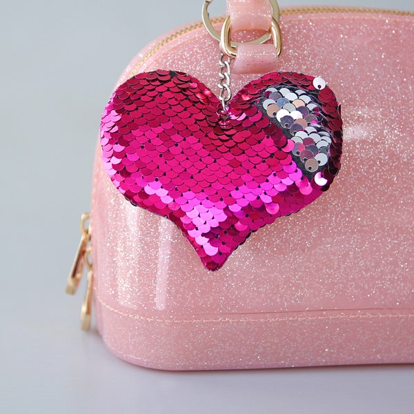 Hot Pink Sequin Heart Keychain- Sequin Keychain, backpack charm, heart, party favor, gift for her, stocking stuffer, birthday gift, hot pink