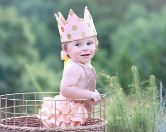 Dress Up Crown - Sequin Crown - Birthday Crown - Blush and Gold Polka Dots Crown- Gold Sequin Crown - Fits all - Reversible Crown