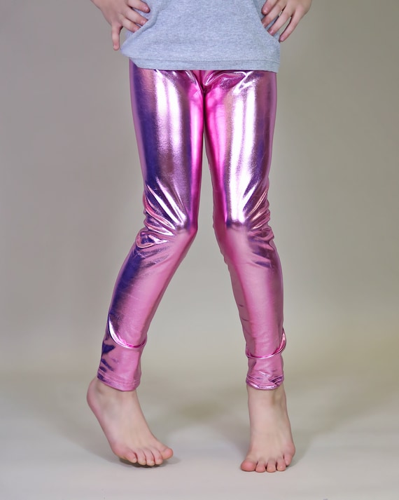 Girls Pink Shiny Metallic Leggings- pink valentines leggings pants, leg  gings, pink dance cheer, birthday outfit, gift-for-her pants