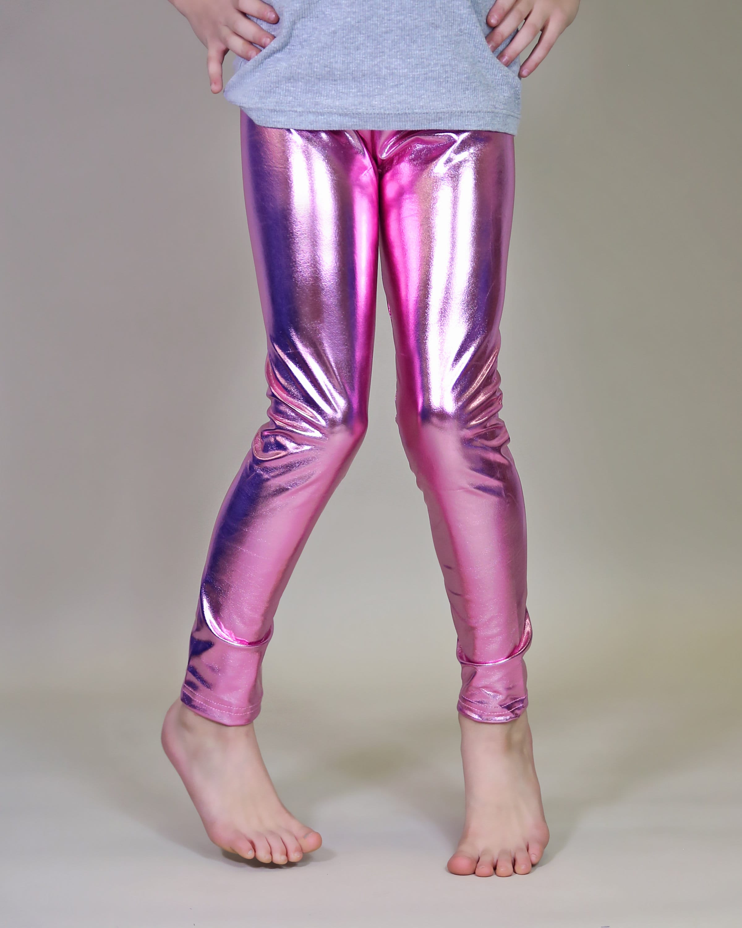 Girls Pink Shiny Metallic Leggings Pink Valentines Leggings Pants