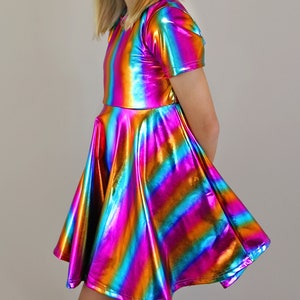 Metallic Rainbow Striped Skater Dress- Metallic Skater Twirly Dress, Skater Dress- Birthday Dress- Party Dress- Rainbow Dress, Dance Dress