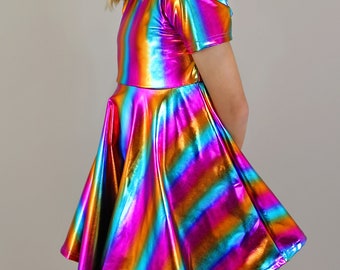 Metallic Rainbow Striped Skater Dress- Metallic Skater Twirly Dress, Skater Dress- Birthday Dress- Party Dress- Rainbow Dress, Dance Dress