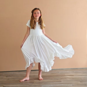 Girls White Boho Dress- Toddler Kid child preteen Long White Ruffle Dress, High Low Full Length Skirt White Dress - White Twirly Dress