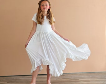 Girls White Boho Dress- Toddler Kid child preteen Long White Ruffle Dress, High Low Full Length Skirt White Dress - White Twirly Dress