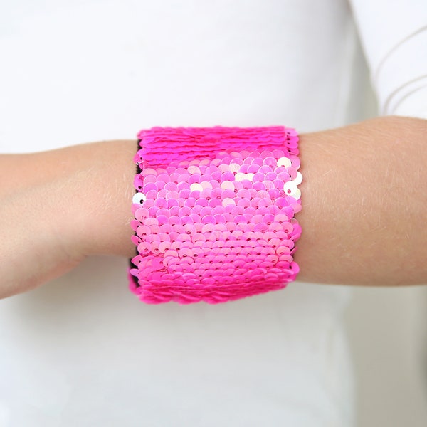 Magic Sequin Bracelet - Sequin Bracelet - Reversible Sequin Bracelet - Sequin Cuff- Neon Pink Bracelet