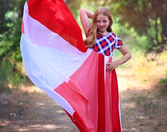 Red, White, Blue Floor Length Chiffon Bohemian Junior Twirl Maxi Dress- 4th of July, Boho Beach, Comfortable, Photoshoot, Birthday, Party